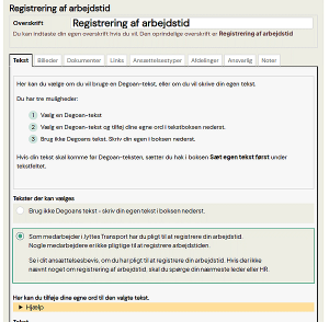 Tilvalg af side om registrering af arbejdstid